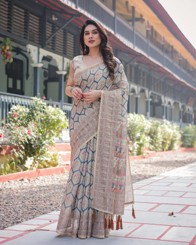 Ivory Blue Printed Silk Saree with Geometric Pattern & Traditional Pallu