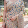 Ivory Blue Printed Silk Saree with Geometric Pattern & Traditional Pallu