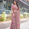 Dusty Rose Printed Silk Saree with Floral Motifs & Heritage Border