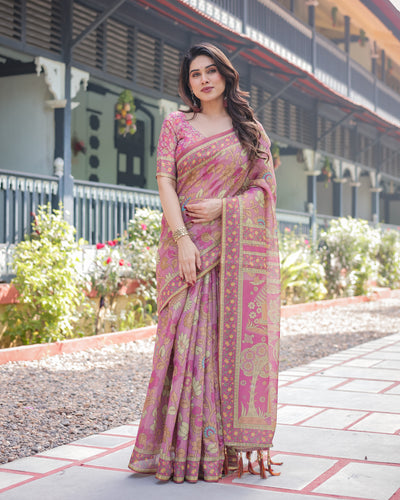 Dusty Rose Printed Silk Saree with Floral Motifs & Heritage Border