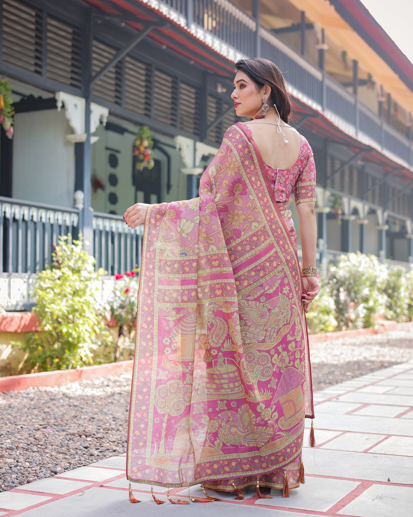 Dusty Rose Printed Silk Saree with Floral Motifs & Heritage Border