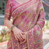 Dusty Rose Printed Silk Saree with Floral Motifs & Heritage Border