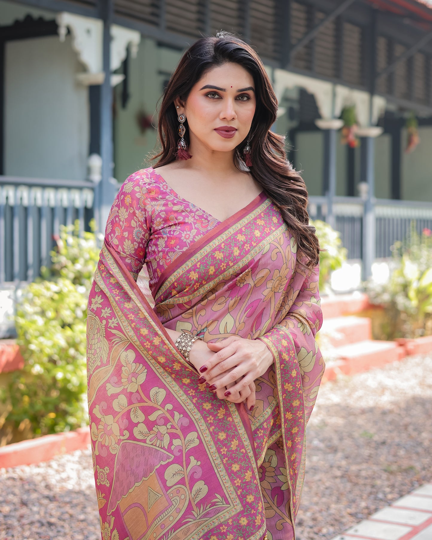 Dusty Rose Printed Silk Saree with Floral Motifs & Heritage Border