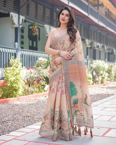 Peach Beige Printed Silk Saree with Ethnic Motifs & Designer Border