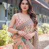 Peach Beige Printed Silk Saree with Ethnic Motifs & Designer Border