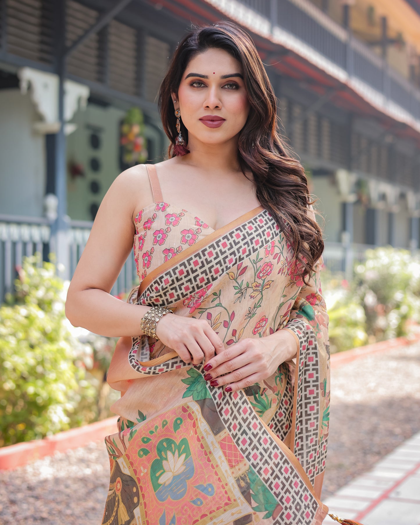Peach Beige Printed Silk Saree with Ethnic Motifs & Designer Border
