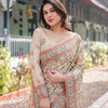 Ivory Floral Printed Silk Saree with Elegant Border & Tassel Pallu