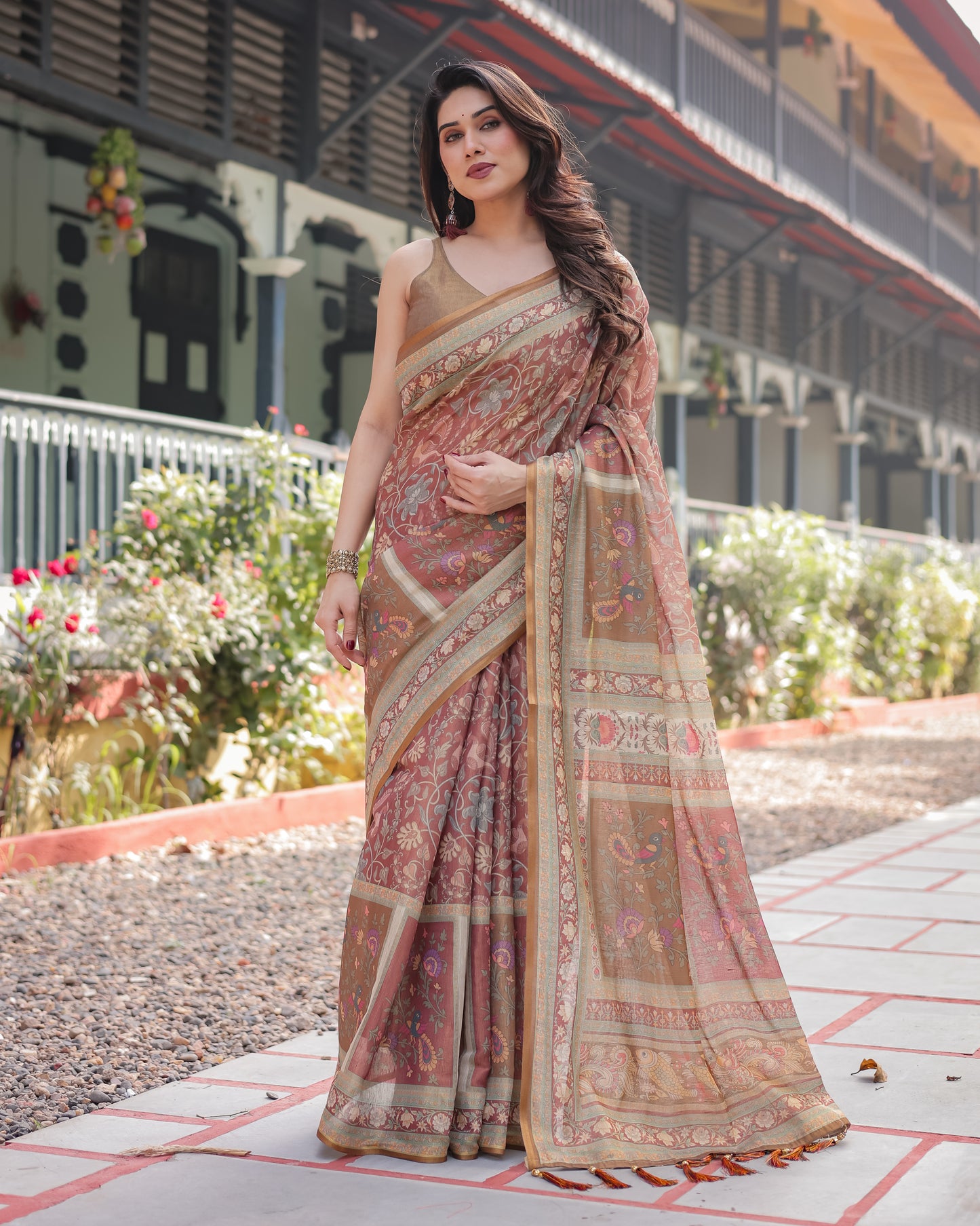 Dusty Rose Floral Printed Silk Saree with Elegant Border & Tassel Pallu