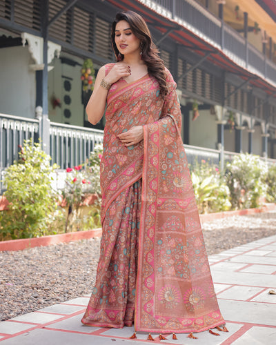 Rust Brown Floral Printed Silk Saree with Ornate Border & Tassel Pallu