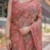 Rust Brown Floral Printed Silk Saree with Ornate Border & Tassel Pallu