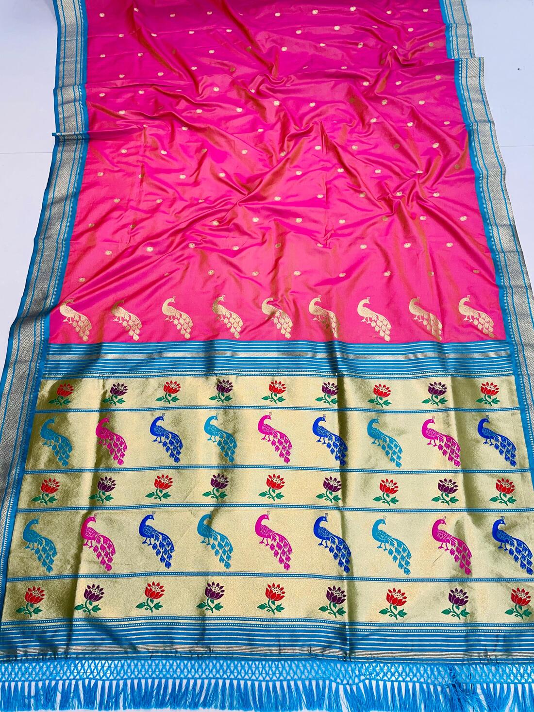 Intricate Dark Pink Paithani Silk Saree With Artistic Blouse Piece