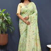 Woebegone Pista Soft Banarasi Silk Saree With Magnetic Blouse Piece