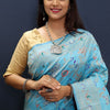 Symmetrical Sky Soft Banarasi Silk Saree With Fragrant Blouse Piece
