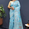 Symmetrical Sky Soft Banarasi Silk Saree With Fragrant Blouse Piece