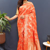 Chatoyant Peach Soft Banarasi Silk Saree With Desuetude Blouse Piece