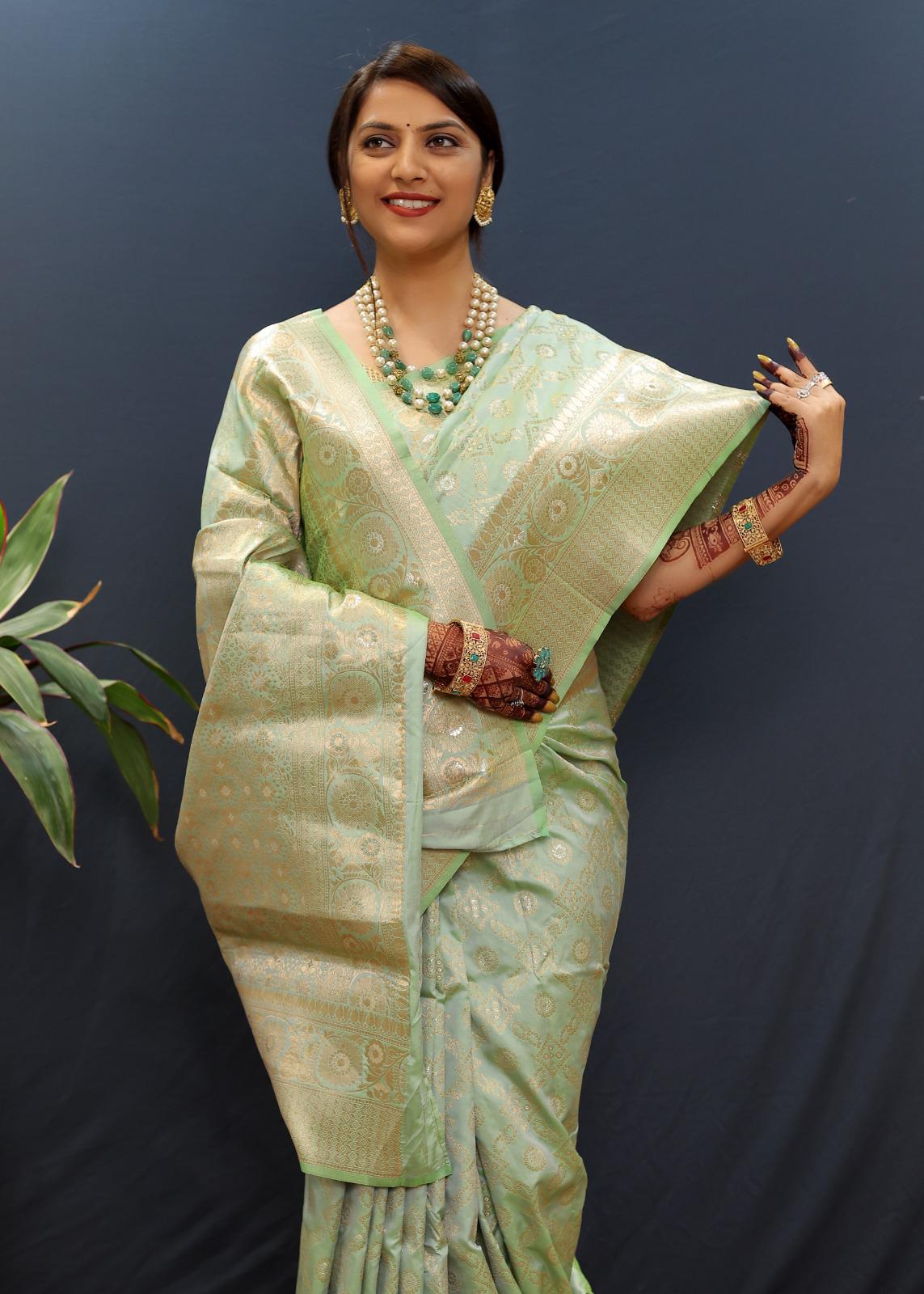 Serendipity Pista Soft Banarasi Silk Saree With Magnetic Blouse Piece