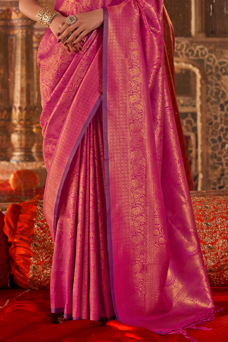 Glorious Dark Pink Kanjivaram Silk Saree With Stunner Blouse Piece