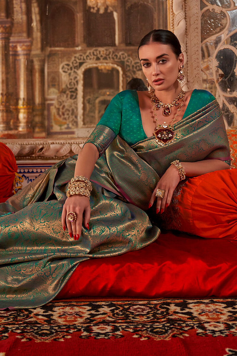 Staring Rama Kanjivaram Silk Saree With Divine Blouse Piece