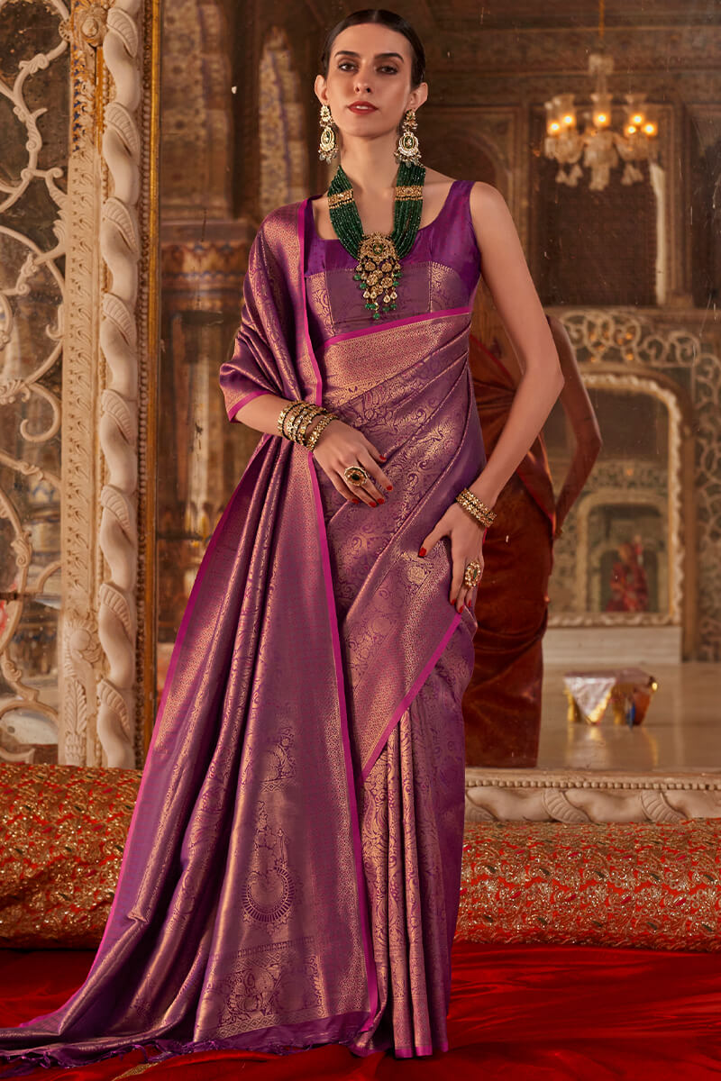 Outstanding Purple Kanjivaram Silk Saree With Devastating Blouse Piece
