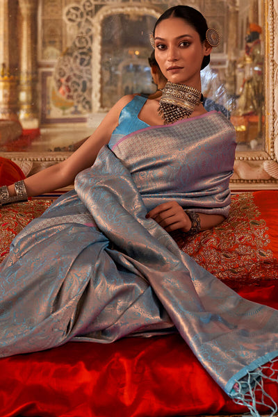 Sempiternal Firozi Kanjivaram Silk Saree With Vestigial Blouse Piece