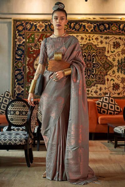 Designer Grey Kanjivaram Silk Saree With Engrossing Blouse Piece