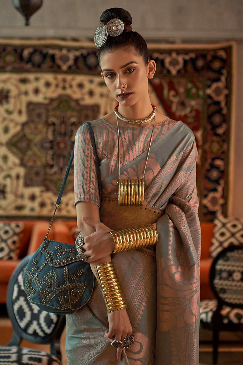 Designer Grey Kanjivaram Silk Saree With Engrossing Blouse Piece