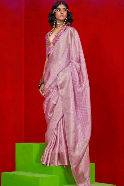 Chatoyant Pink Soft Banarasi Tissue Silk Saree With Opulent Blouse Piece