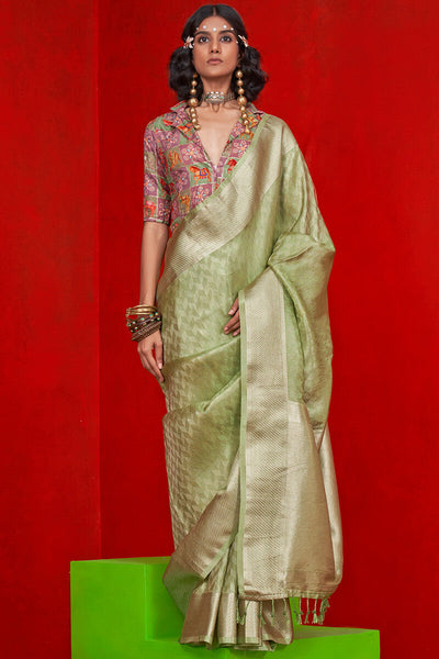 Beauteous Green Soft Banarasi Tissue Silk Saree With Susurrous Blouse Piece