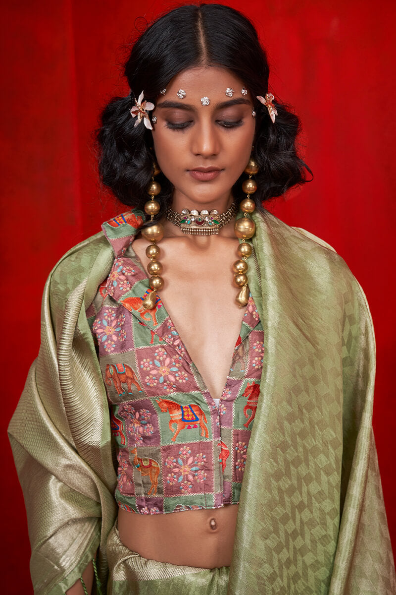 Beauteous Green Soft Banarasi Tissue Silk Saree With Susurrous Blouse Piece