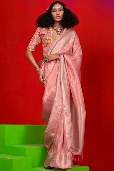 Skinny Peach Soft Banarasi Tissue Silk Saree With Embrocation Blouse Piece