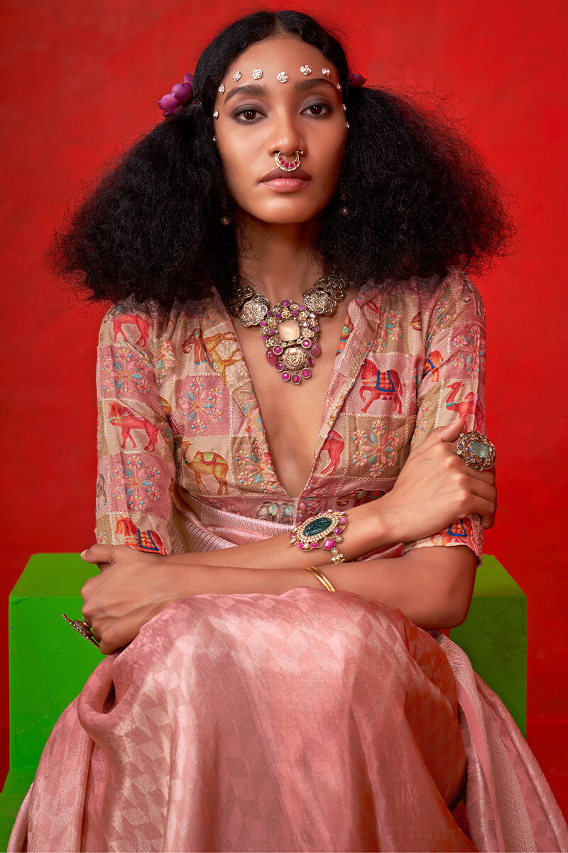 Skinny Peach Soft Banarasi Tissue Silk Saree With Embrocation Blouse Piece