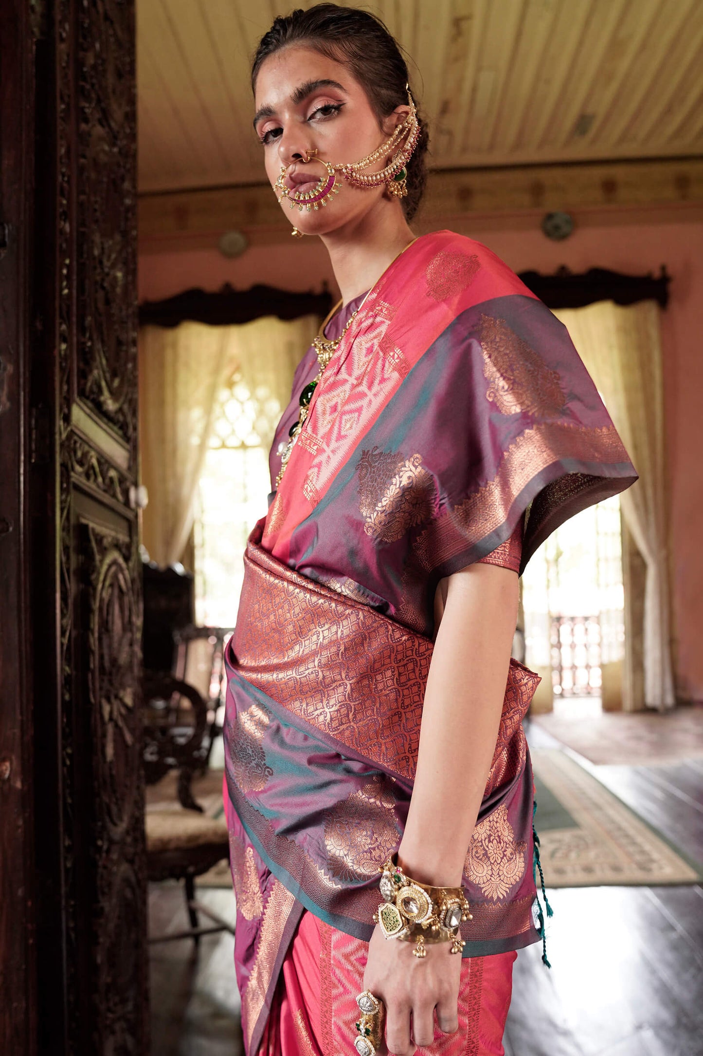 Enticing Pink Soft Banarasi Silk Saree With Nemesis Blouse Piece