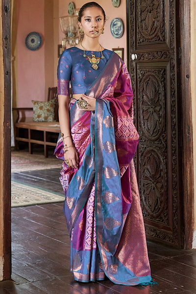 Moiety Wine Soft Banarasi Silk Saree With Fugacious Blouse Piece