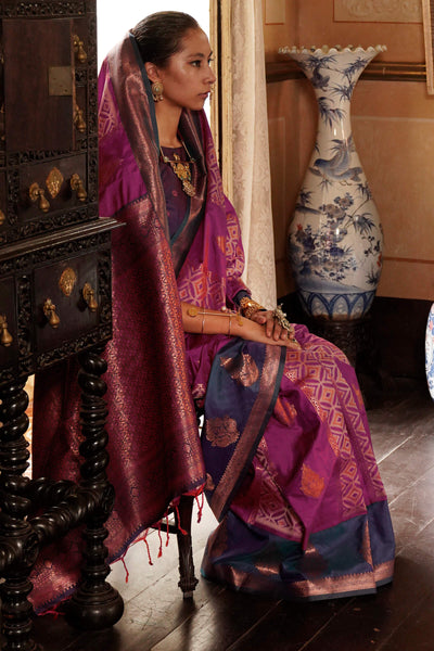 Moiety Wine Soft Banarasi Silk Saree With Fugacious Blouse Piece