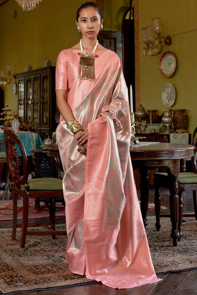 Rhapsodic Peach Kanjivaram Silk Saree With Assemblage Blouse Piece