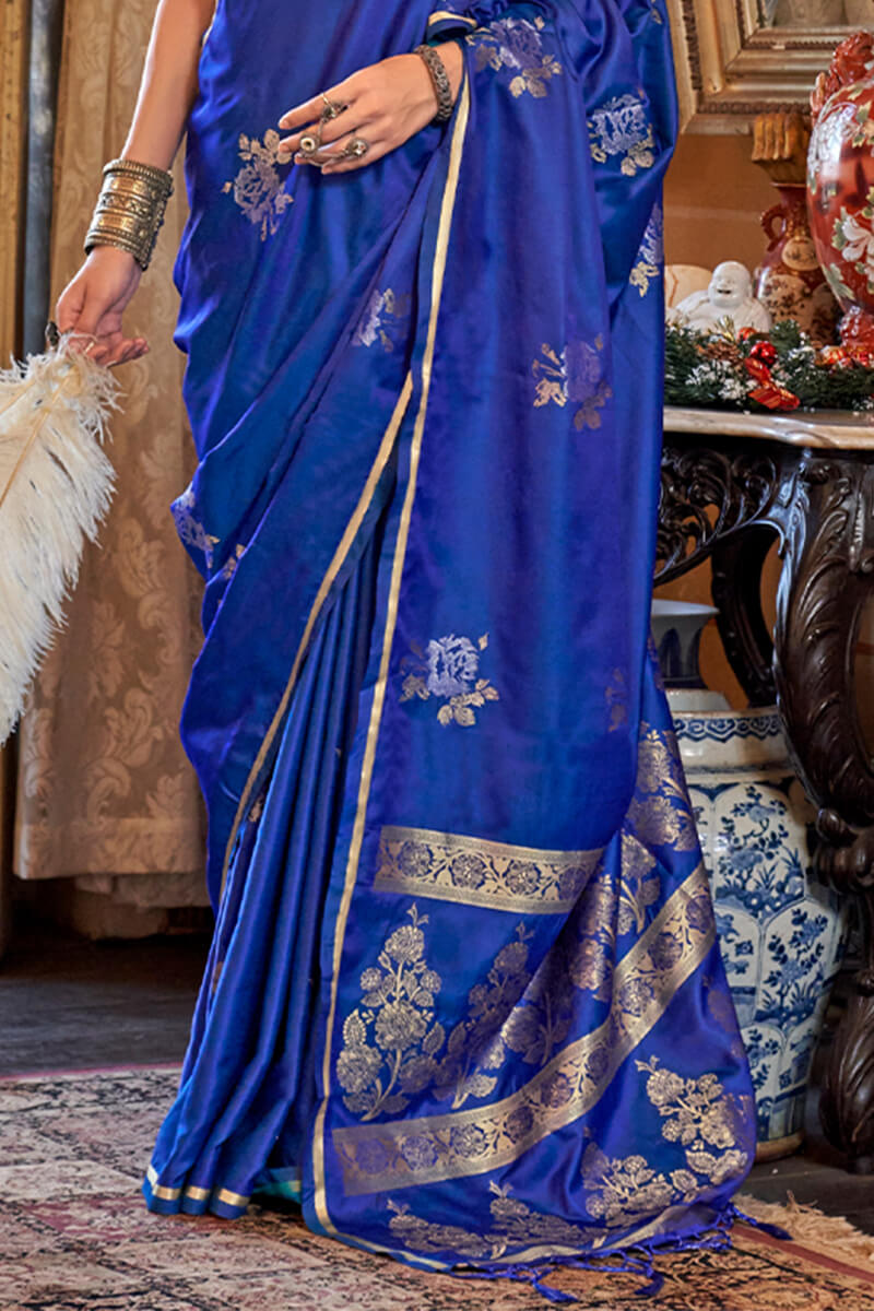 Charming Royal Blue Banarasi Satin Silk Saree With Adorning Blouse
