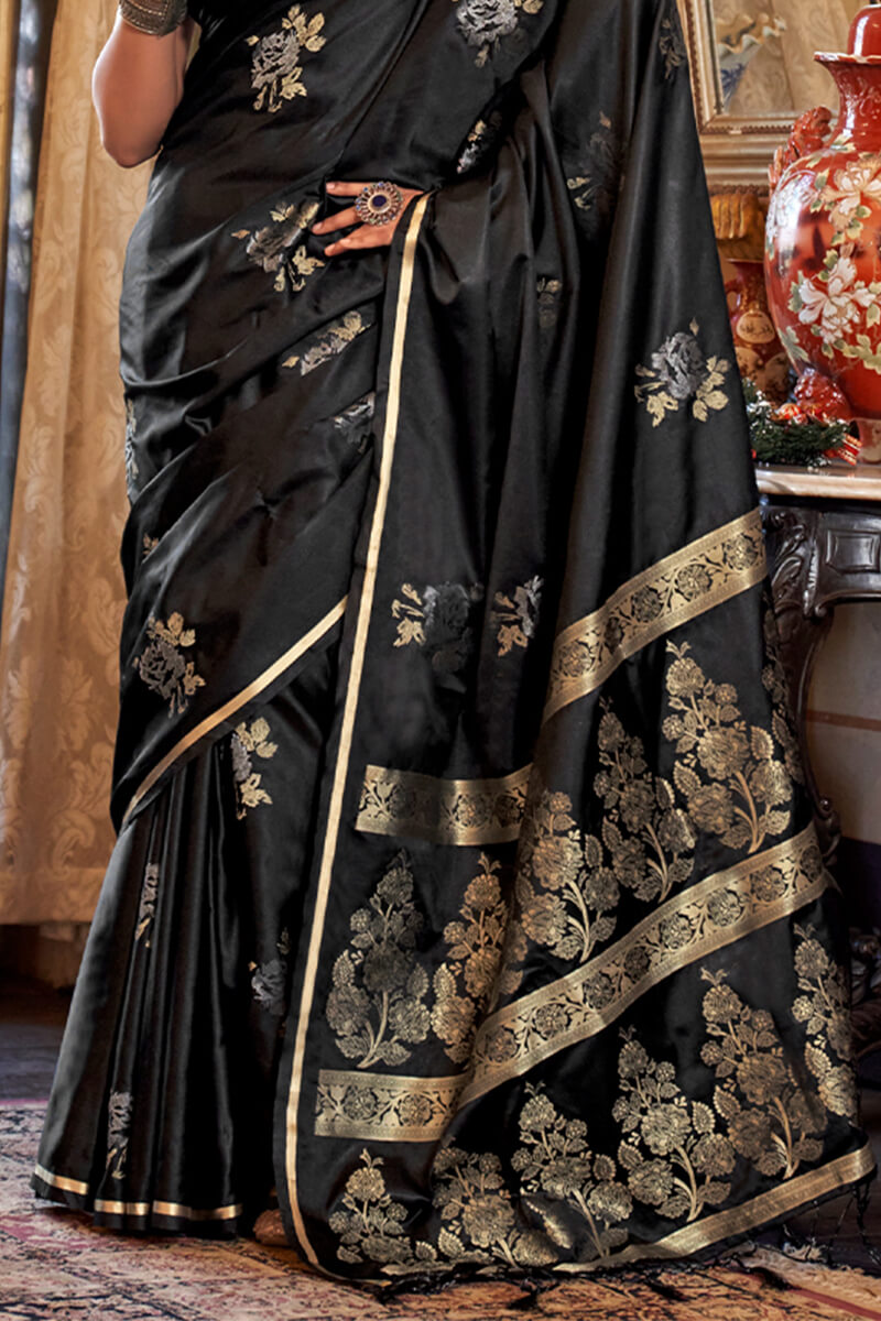 Impressive Black Banarasi Satin Silk Saree With Hypnotic Blouse