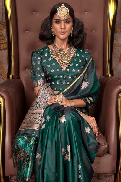 Fairytale Dark Green Banarasi Satin Silk Saree With Angelic Blouse
