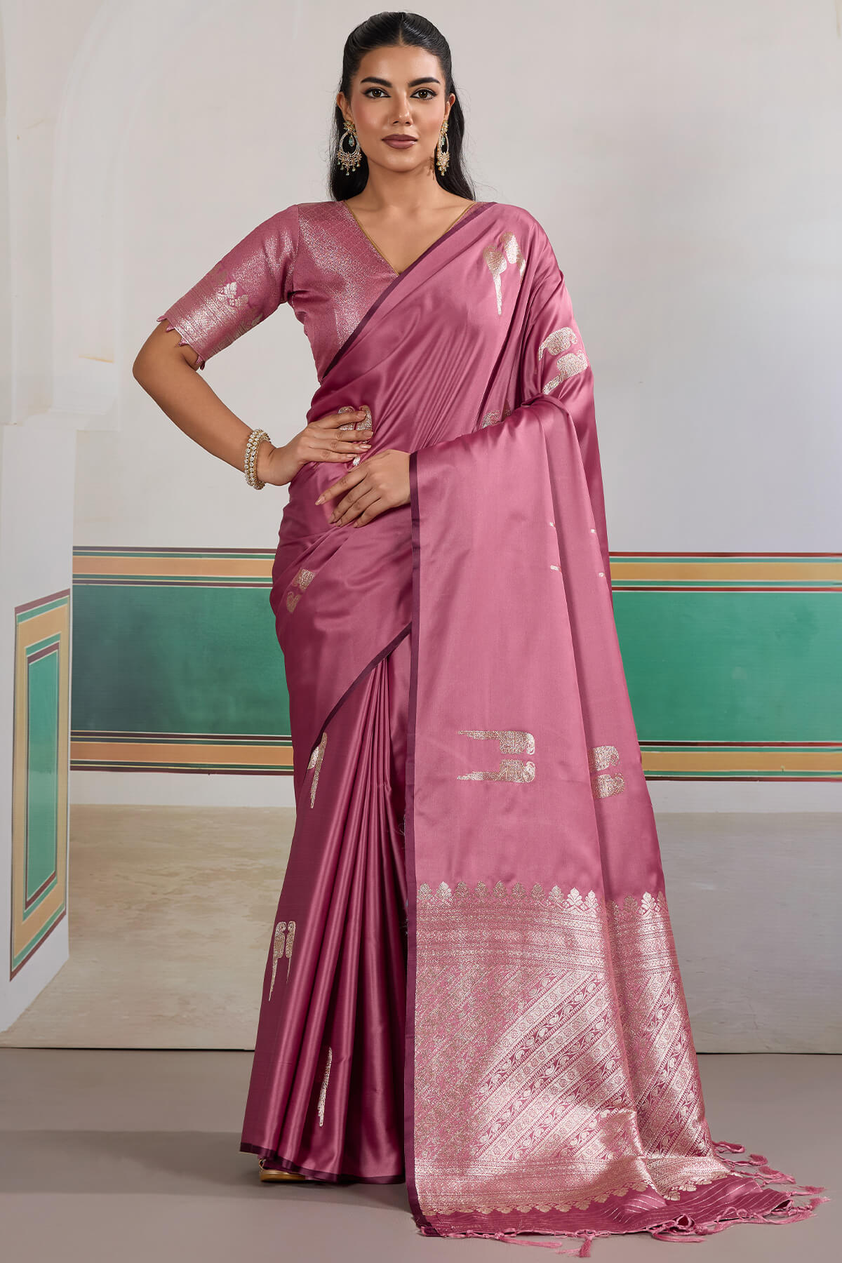 Cynosure Pink Banarasi Satin Silk Saree With Rhapsody Blouse