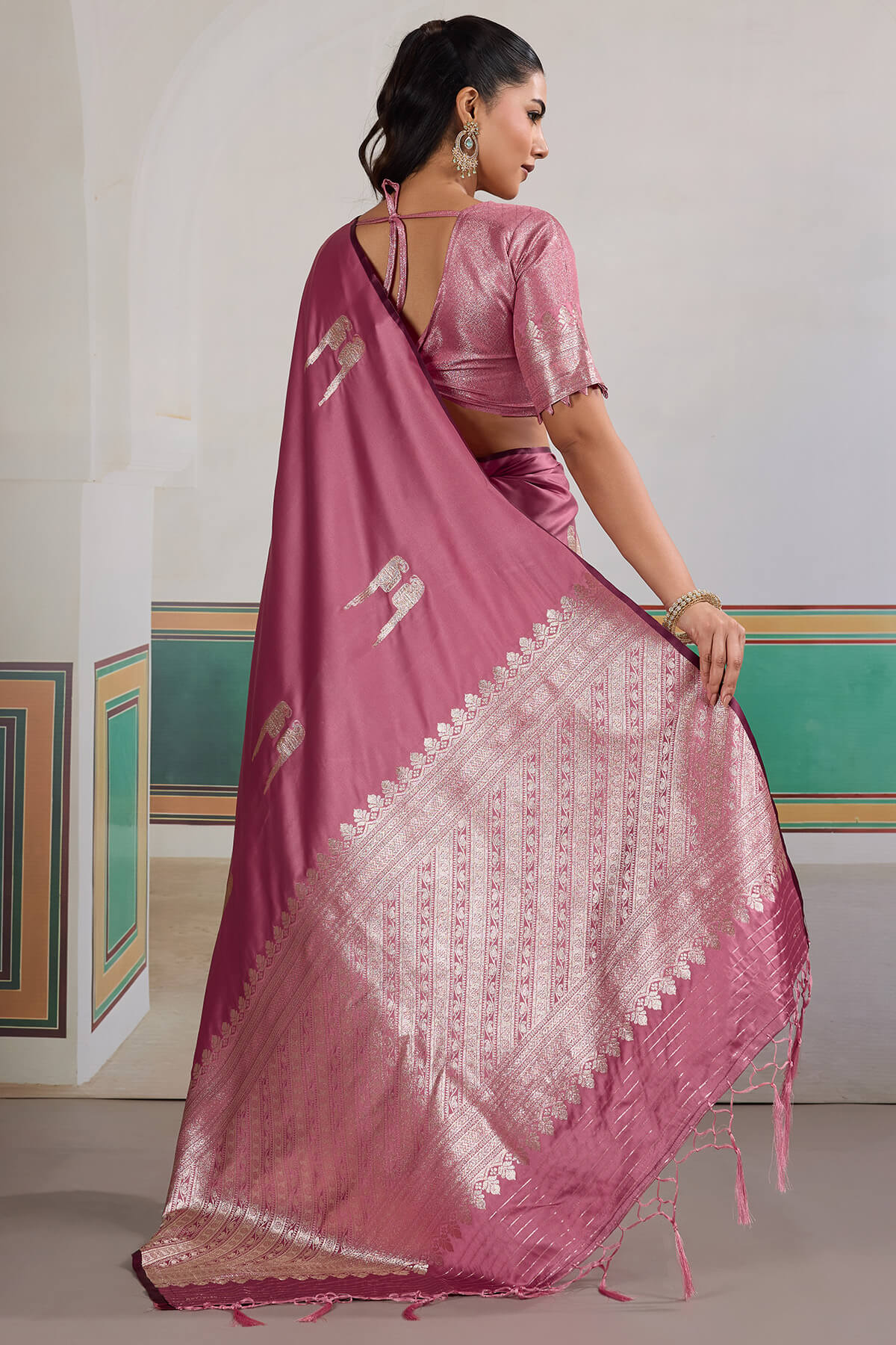 Cynosure Pink Banarasi Satin Silk Saree With Rhapsody Blouse