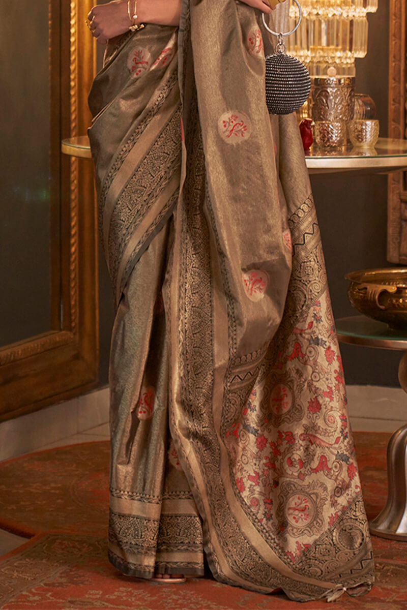 Designer Grey Soft Banarasi Silk Saree With Desiring Blouse Piece