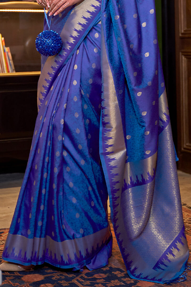 Snazzy Royal Blue Soft Banarasi Silk Saree With Exuberant Blouse Piece