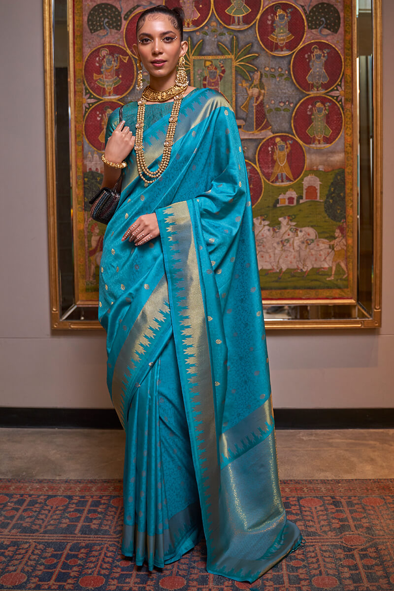 Seraglio Firozi Soft Banarasi Silk Saree With Palimpsest Blouse Piece