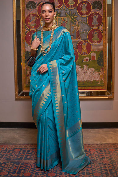 Seraglio Firozi Soft Banarasi Silk Saree With Palimpsest Blouse Piece