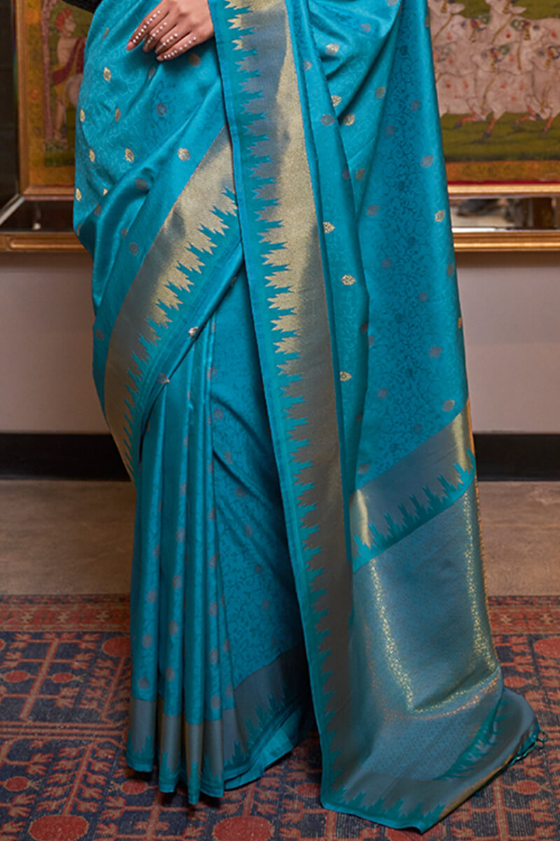 Seraglio Firozi Soft Banarasi Silk Saree With Palimpsest Blouse Piece