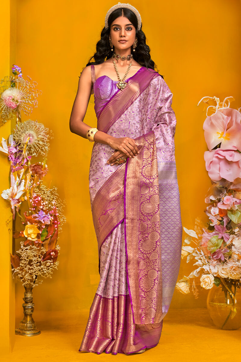 Effervescent Lavender Kanjivaram Silk Saree With Scrumptious Blouse Piece