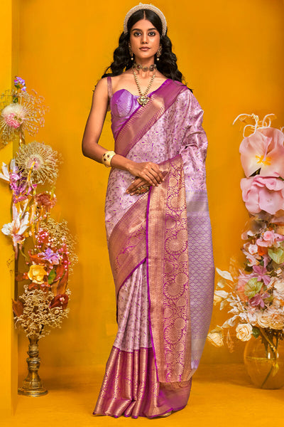 Effervescent Lavender Kanjivaram Silk Saree With Scrumptious Blouse Piece