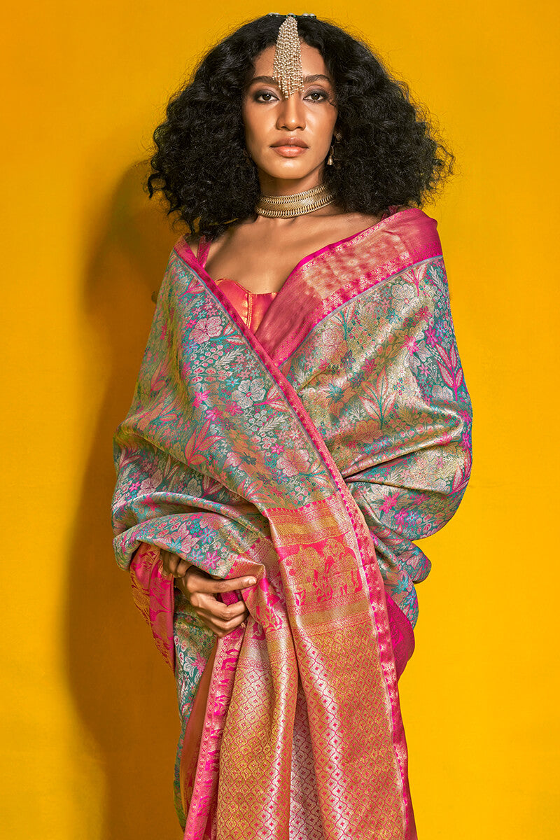 Petrichor Rama Kanjivaram Silk Saree With Engaging Blouse Piece