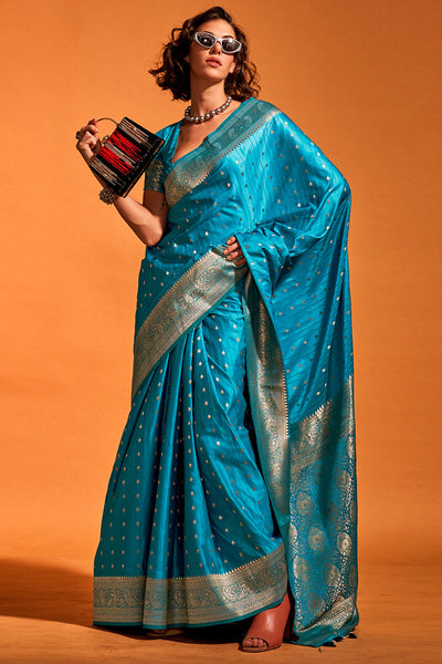 Susurrous Teal Blue Soft Banarasi Silk Saree With Embellished Blouse Piece