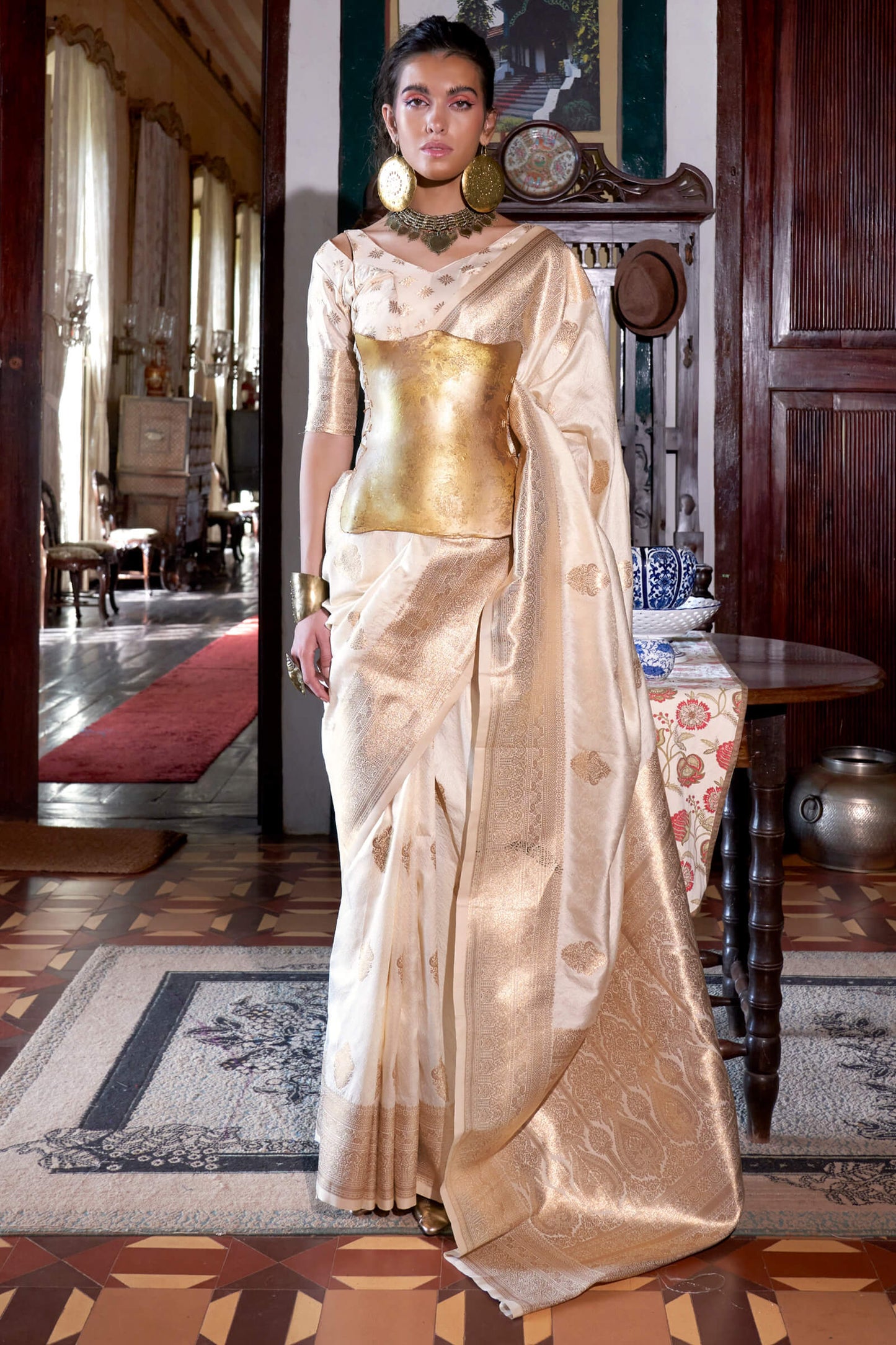 Most Stunning Beige Soft Banarasi Silk Saree With Excellent Blouse Piece